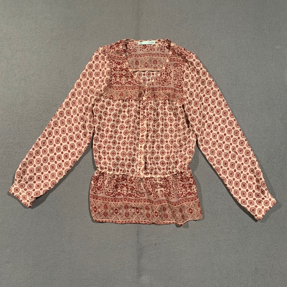 Maurices BOHO Blouse Womens S Red Pink Medallion Peplum Boho Long Sleeve Chiffon